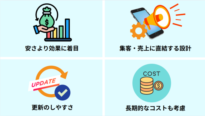 安さより効果に着目、集客・売上に直結する設計、更新のしやすさ、長期的なコストも考慮